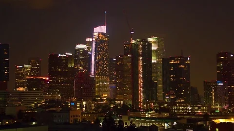 Aerial View Down Town Los Angeles Night City Scape Skyline Drone Stock Footage 80715769