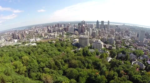 Aerial view down town Montreal and St Lawrence River, Quebec, Canada Stock Footage