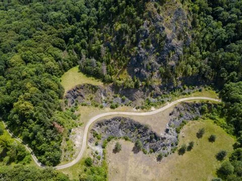 Aerial view down the volcanic cone Hohenstoffeln in the Hegau area near Lake Stock Photos