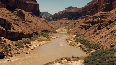 Aerial View Of Downstream Flight Above Colorado River In Gran Canyon Stock Footage