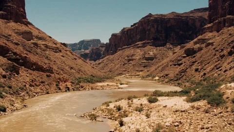 Aerial View Of Downstream Flight Above Colorado River In Gran Canyon Stock Footage 108660114