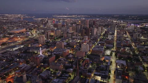 Aerial view of downtown Baltimore at night Stock Footage 345287891