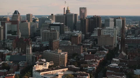 Aerial view of Downtown Baltimore at sunset Stock Footage 345287177