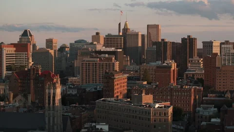 Aerial view of Downtown Baltimore at sunset Stock Footage 345287591