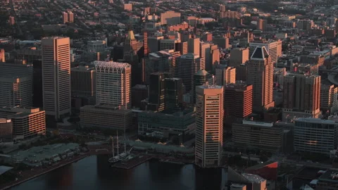 Aerial view of Downtown Baltimore at sunset Stock Footage 345288186