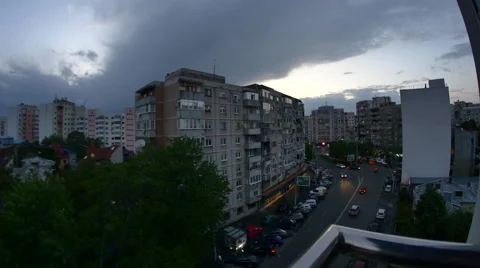 Aerial View Of Downtown Bucharest At Dusk, Light Traffic And Clouds, Still Shot Stock Footage 65570432