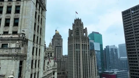 Aerial view in downtown Chicago loop on cold snowy winter day Stock Footage 231166459