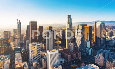Aerial view of a Downtown LA at sunset Stock Photos