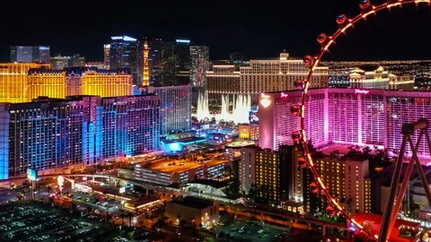 Aerial view of downtown Las Vegas at night Stock Footage