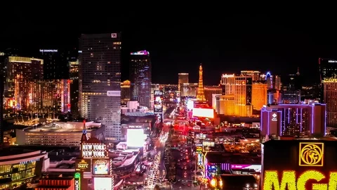 Aerial view of downtown Las Vegas at nig... | Stock Video | Pond5