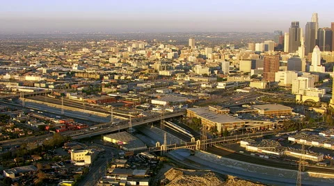 Aerial view of downtown Los Angeles at sunrise Stock Footage