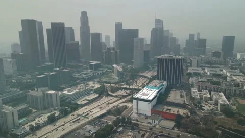 Aerial view. downtown Los Angeles. Air pollution smog. Bad air quality. LA Stock Footage