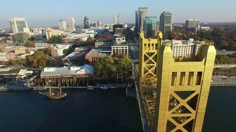 Aerial View of Downtown Sacramento and Tower Bridge Stock Footage