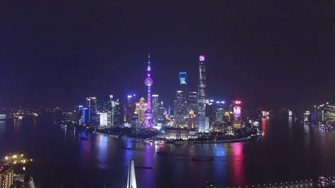 Aerial View of Downtown Shanghai  at night in China. Stock Footage 80543530