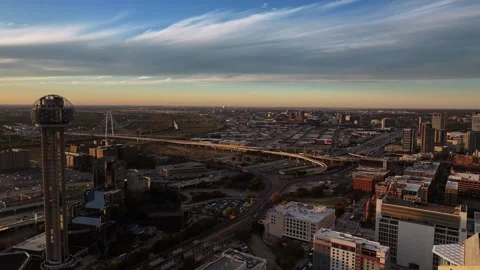 Aerial view of downtown skyline at sunset, United States. Stock Footage 312837307