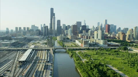 Aerial view of Downtown Willis Tower Metropolitan Chicago city River Skyscraper Stock Footage 68086336