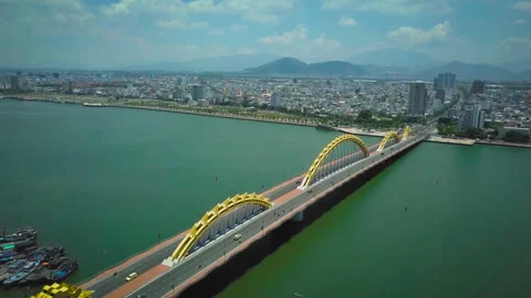 Aerial view of dragon bridge in da nang, vietnam Stock Footage 329512733