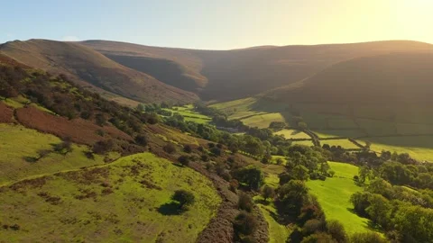 Aerial view of Dragons Back Brecon Beacons during a sunrise morning in autumn. Stock Footage 321194545