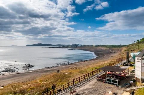 Aerial view with dramatic cloudy sky breathtaking view at Yongmoeri Hyean Jeju Stock Photos