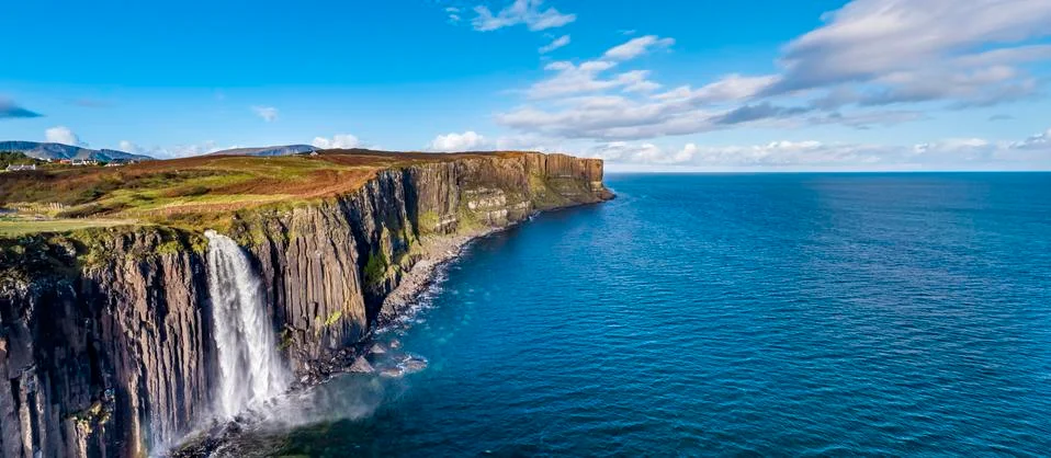 Aerial view of the dramatic coastline at the cliffs by Staffin with the famous Stock Photos