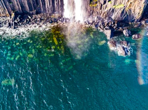 Aerial view of the dramatic coastline at the cliffs by Staffin with the famous Stock Photos