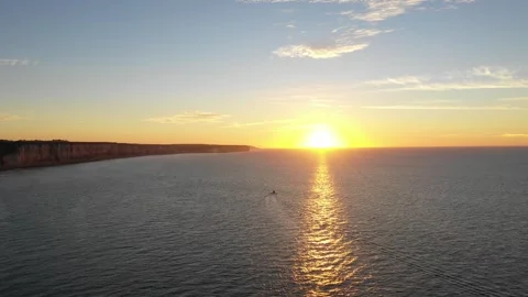 Aerial view of a dramatic sunrise over the sea at Fecamp, Normandy, France. The Stock Footage 346678618