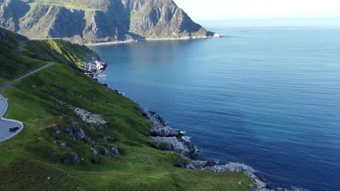 Aerial view of the dramatic Vestkapp coastline and winding road in Norway Stock-Footage 342322061