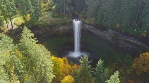 Aerial View Of Dramatic Waterfall, Drone Flies High Above, Oregon, USA Stock Footage 88345709