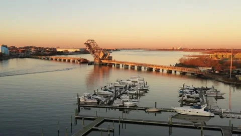 Aerial view of a draw bridge over Wreck Lead Channel on Long Island, New York at Vídeos de archivo 196681174