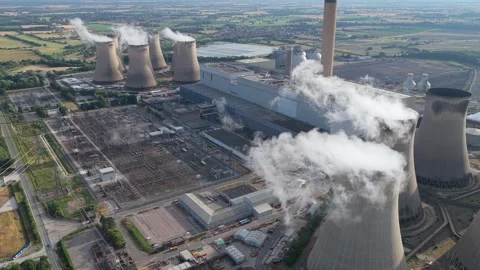 Aerial View of Drax Power Station With Cooling Towers Releasing Steam During Stock Footage 343884708