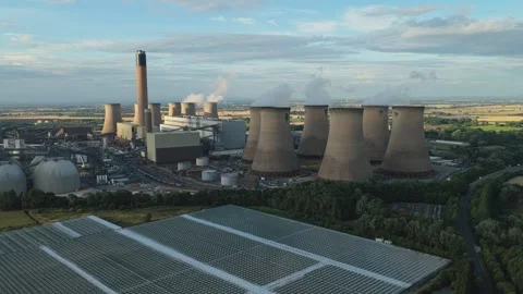 Aerial View of Drax Power Station With Steam Rising From Cooling Towers During Stock Footage 343884866