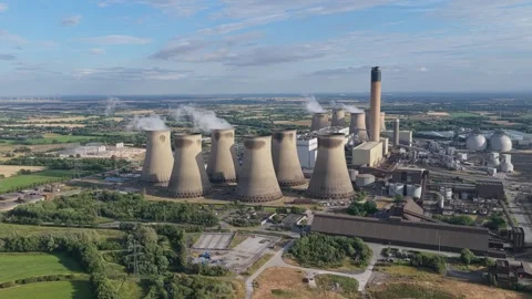 Aerial View of Drax Power Station With Steam Rising From Cooling Towers During Stock Footage 343884875