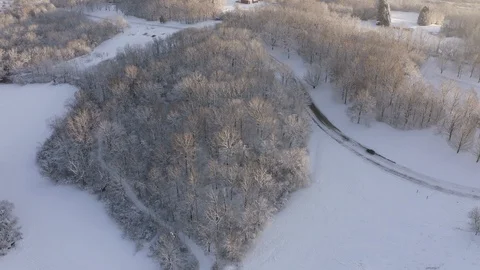 Aerial view of driving car through winter scenic park Stock Footage 124583160