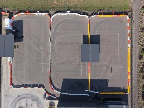 Aerial view driving training course with road markings Stock Photos