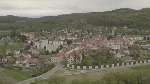 Aerial view dron 10 bit Wlen Lahn Poland small town spring mountain valley Video stock 160991558