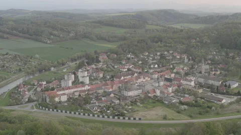Aerial view dron 10 bit Wlen Lahn Poland small town spring mountain valley Video stock 160991746