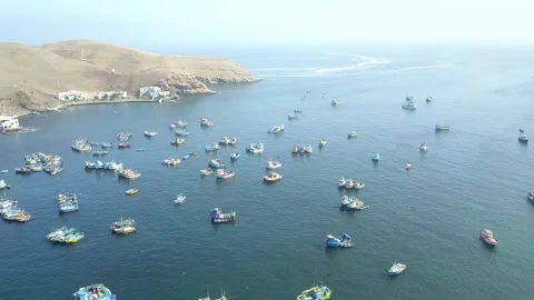 Aerial view from drone approaching many fishing boats and yachts floating in the Vidéo 155824799