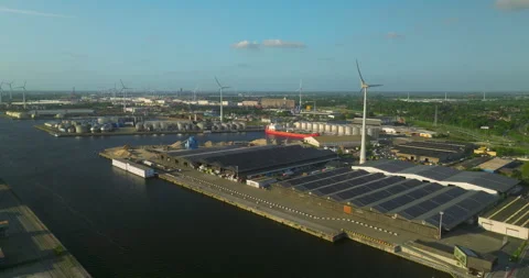 Aerial view from a drone of a cargo canal ship passes by over the canal on a 库存影片 244640392