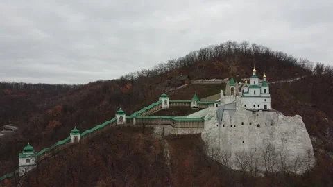 Aerial view from drone of Chalk St. Nicholas Church of Sviatohirsk Lavra Stock Footage 178000936