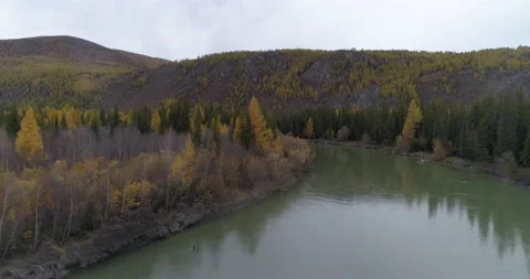 Aerial view from drone of Chuya mountain river, Altai Republic Stock Footage 144095934