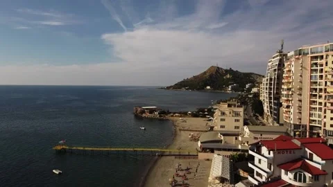 Aerial view from the drone of the cityscape of the seafront of Durres - Albania 動画素材 194035282