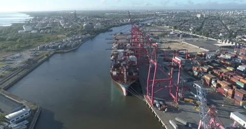 Aerial view with drone Container ship is loading in a harbor. Stock Footage 156985996