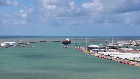 Aerial view by drone of a container ship in Le Havre seaport 02 Stock Footage 330669354