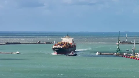 Aerial view by drone of a container ship in Le Havre seaport 04 Видео 330669358
