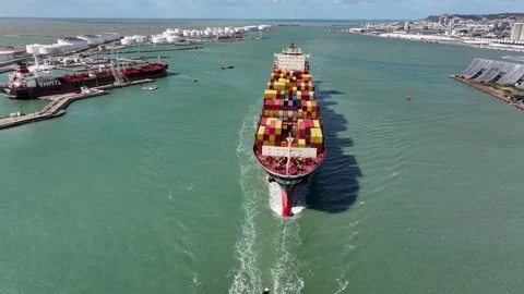 Aerial view by drone of a container ship in Le Havre seaport 07 Stock-Footage 330669363