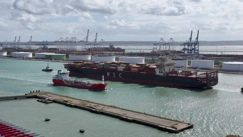 Aerial view by drone of a container ship in Le Havre seaport 11 Stock-Footage 330669366
