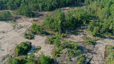 Aerial View of Drone Descending Into Desolate Wasteland Mountain With Trees a Stock Footage 130866718