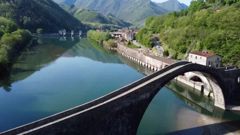 Aerial view with drone on the devil's bridge in a spring day. Borgo a Mozzano Stock-Footage 236951746