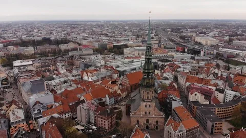 Aerial view. Drone flies above historic center of Riga, Latvia. Stock Footage 100251406