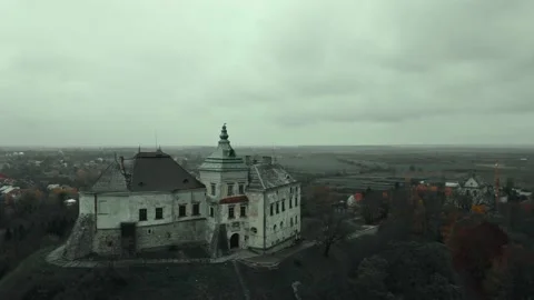 Aerial view drone flight around of Old fairytale castle on the hill in Ukraine Stock Footage 169630001